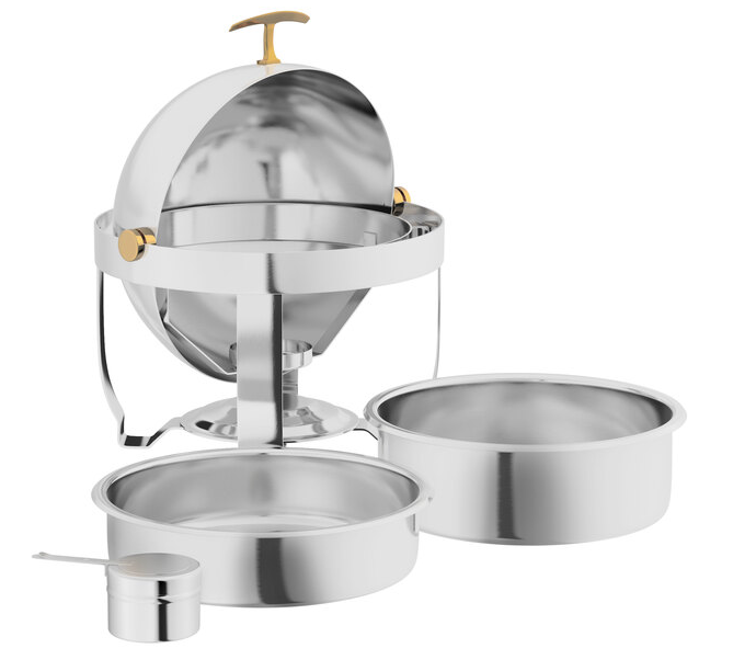 (0000) *** Acopa Supreme 4Qt. Round Roll Top Gold Trim Chafer