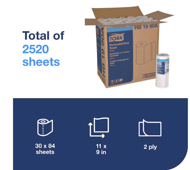 (PR-0010) (HB1990A) Tork Household Roll Towel, 2- Ply Paper Towel, 100% Recycled, Ecologo Certified, 11" x 9", 84 Sheets per Roll, 30 Rolls Per Case