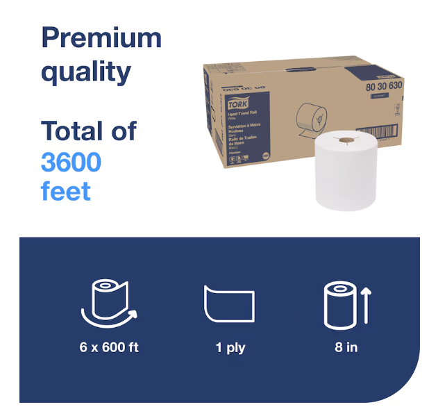 (PR-0670) (8030630) Tork Roll Towel, White, Premium Roll Towel, 8" x 600