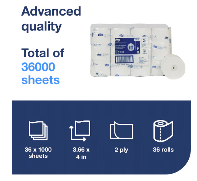 (PT-8050) 472880 Tork Advanced T7 Coreless 1000 Sheet 2-Ply High Capacity Toilet Paper Roll  36/per case 472880 Ecologo Certified