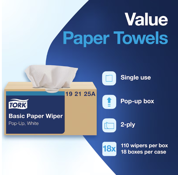 (PW-2000) Tork Basic Paper Wiper, Pop-up Box, 110 Wipes Per Box(192125A)