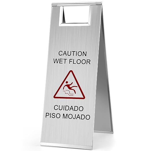 (CV-0290) Wet Floor Caution Sign, Stainless Steel, 8.8 Pound, Portable Foldable Handle Bilingual Safety Sign (Non Stocked)