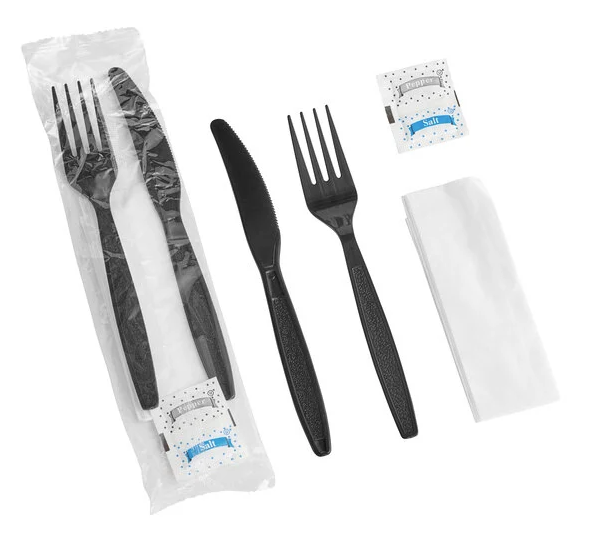 (PA-8289) ** Black Heavy Weight Plastic Cutlery Kit Knife/Fork/Teaspoon Black, Salt & Pepper Packets, 250 Per Case. (NONSTOCK)