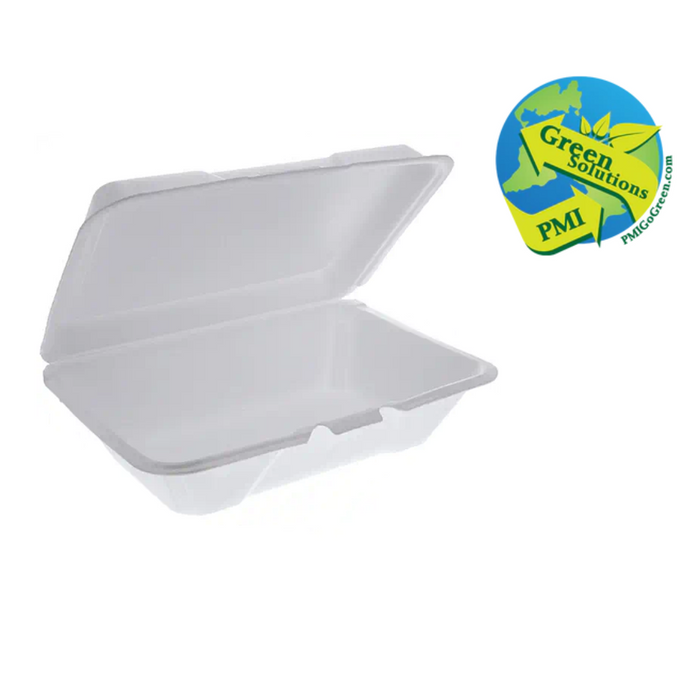 (PB-0200) 9x6x3 1 Compartment White Non-Vented Foam Shallow Hinged Container Recycle #6-PMI GREEN SOULTIONS