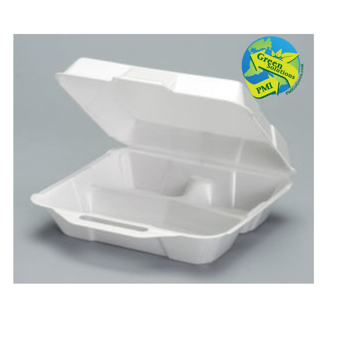 (PB-0100) 9x9x3 3 Compartment White Foam U-Vent Hinged Container Recycle #6-PMI GREEN SOULTIONS