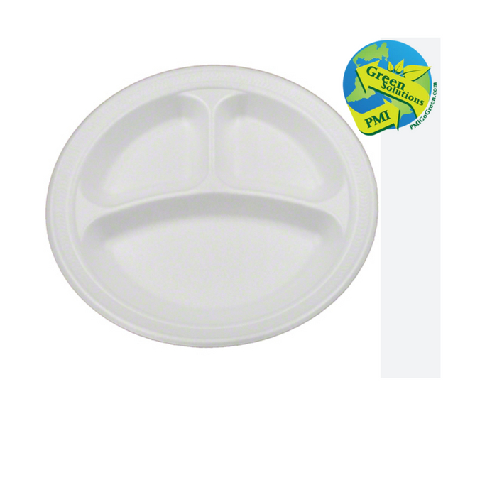 (PB-0900) 9" 3 Compartment White Apollo Institutional Foam Plate Recycle #6-PMI GREEN SOULTIONS