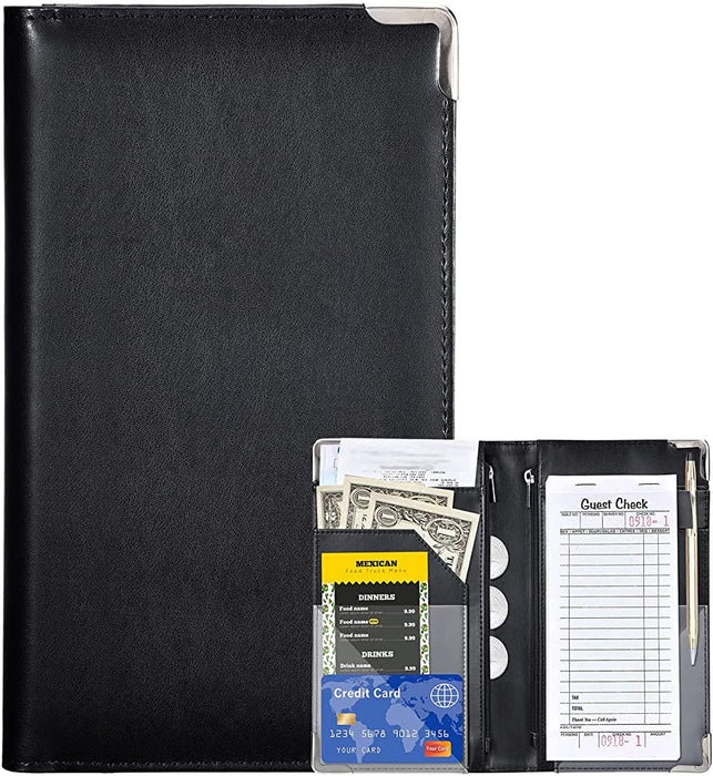 (PA-7985) Server Wallet. Five open compartments and one zipper. Black Leather. Velcro Close.