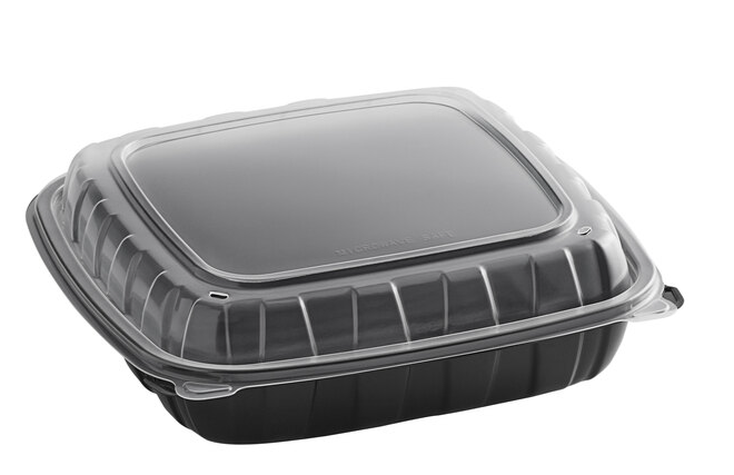 (PA-4350) Hinged Container with Perforated Clear Lid and Black Bottom, 9 x 9 x 3, 1-Comp, 25 Per Sleeve, 100 Per Case