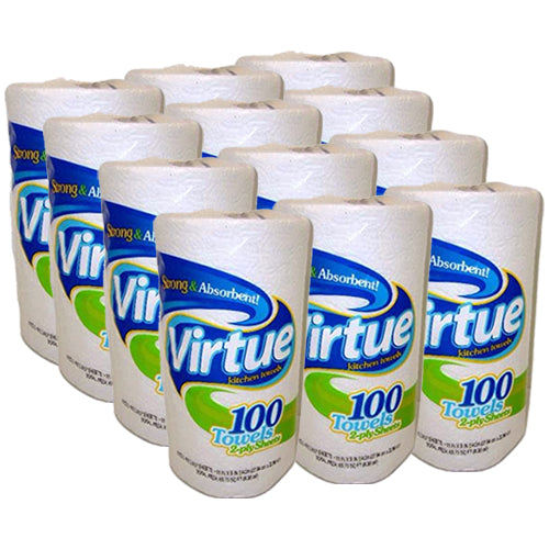 (PR-5030) Virtue Household Paper Towel, 2 Ply, 11" x 9" Sheets, 100 Sheets per Roll; 100% Recycled, 80% Post Consumer, 24 Rolls Per Case