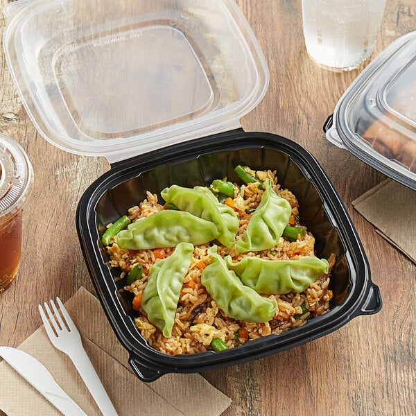 **** PA-4050 8x8x3 Microwavable 1-Compartment Black/Clear Plastic Hinged Container, 25 Per Sleeve, 100 Per Case
