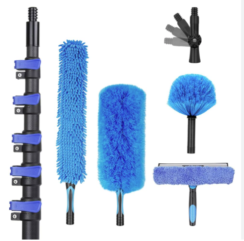 (CW-0600) 30 Foot High Ceiling Duster Kits with 4.7-24 FT Carbon Fiber Extension Pole, Feather Duster, Cobweb Duster, Ceiling Fan Duster, Window Squeegee & Cleaner with Pole 24 Ft