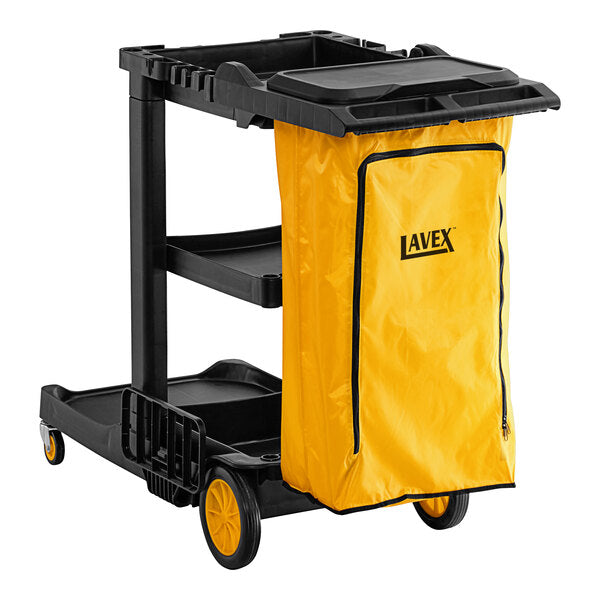 (CE-0610) Premium 3-Shelf Janitor Cart Kit with 32 Gallon Yellow or Black Zippered Bag with Lid and Locking Cabinet, 11 grips to hold mops, brooms, tools, 2 hooks for signs, platform for mop buckets or trash cans (Non Stock Item)