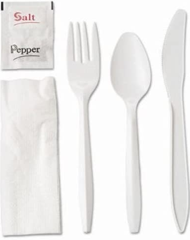 (PA-8284) White Heavy Weight Plastic Cutlery Kit Knife/Fork/Teaspoon Salt & Pepper Packets, 250 Per Case.