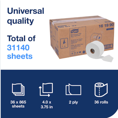 (PT-0060) (619) Tork Universal 2-Ply Bathroom Tissue, Eco Soft- 100% Recycled, 865 Sheets Per Roll, 36 rolls per case.(New Look)