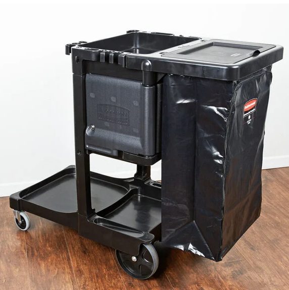 (CE-0610) Rubbermaid Executive Janitor Cart with Locking Cabinet, 11 grips to hold mops, brooms, tools, 2 hooks for signs, 34 gallon vinyl bag with lid, platform for mop buckets or trash cans (No further Discount, Set Price) (Non Stock Item)