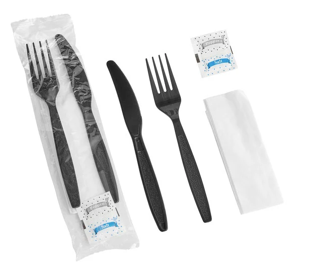 (PA-8289) ** Black Heavy Weight Plastic Cutlery Kit Knife/Fork/Teaspoon Black, Salt &amp; Pepper Packets, 250 Per Case. (NONSTOCK)