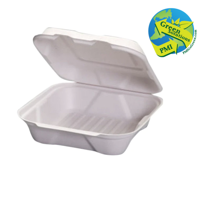 (PC-00XX) Compostable Hinged Fiber Container White Varity of sizes available-PMI GREEN SOULTIONS