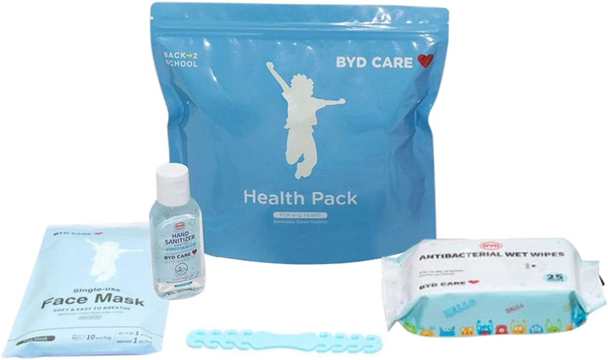 (CV-0630) Personal Virus Prevention Kit, for ages 6-12 Years; 10 Ear-loop Face Masks, 1.6 oz bottle of hand sanitizer, Pack of 25 antibacterial wet wipes. Available in Pink & Blue.