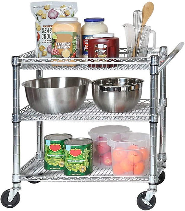 (PA-9012) 3-Shelf Heavy-Duty Commercial Utility Cart, 34" W x 18" D x 33.5" H, Includes 2 shelves, 1 basket, and locking wheels, Capacity 500 lbs, Commercial strength steel; NSF Certified