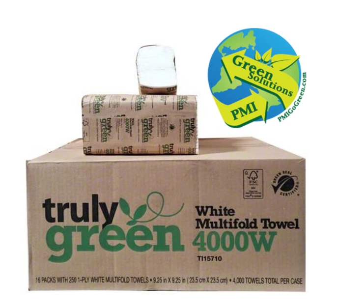 (PF-5000) Multi fold Towel, White, (4000W) 100% Recycled, 80% Post Consumer, Meets EPA standards and GS1 Standards, 9.25" x 9.25", 250 Towels per Package, 16 Packages Per Case